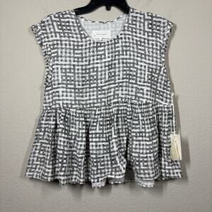 Voloshin Small Plaid Peplum Top Blouse Black White Cotton Flared Cap Sleeves